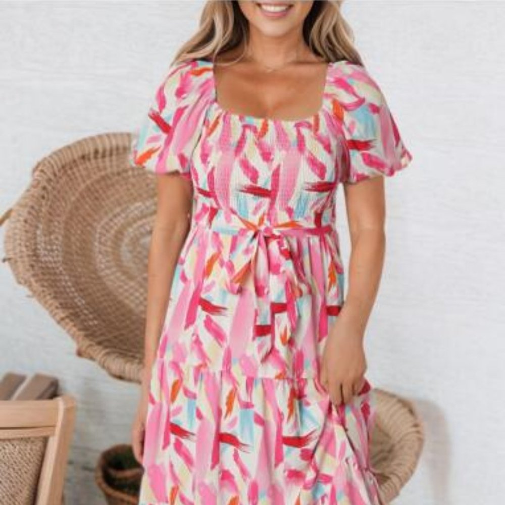 Pink Brush Stroke Printed Smocked Ruffle Tiered Dress